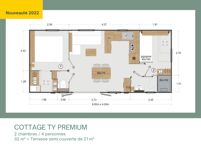 Cottage Ty Premium 2 Chambres + Terrasse Couverte + Tv (32M²/2022)