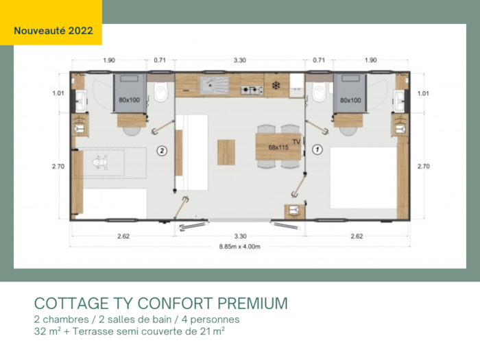 Cottage Ty Confort Premium 2 Chambres / 2 Salles De Bain + Terrasse Couverte + Tv (32M²/2022)