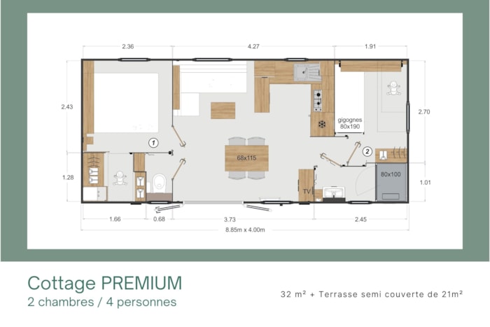 Cottage Premium 2 Chambres + Terrasse Couverte + Tv (32M²/2022)