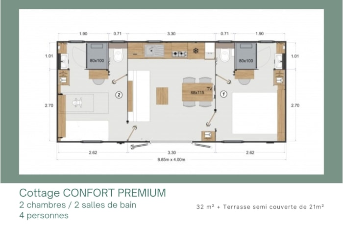 Cottage Confort Premium 2 Chambres / 2 Salles De Bain + Terrasse Couverte + Tv (32M²/2022)