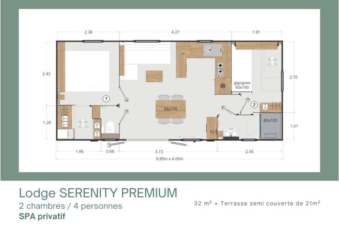 Lodge Serenity Spa Premium 2 Chambres + Spa + Terrasse Couverte + Lave-Vaisselle + Tv (32M²/2024)