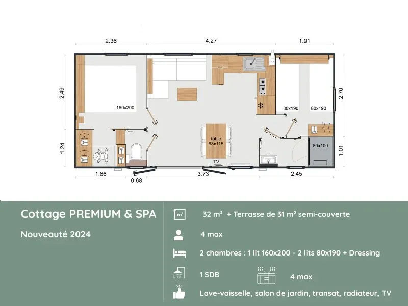 Cottage Premium & Spa :  2 Chambres + Terrasse Couverte + Lave-Vaisselle + Tv (32M²/2024)