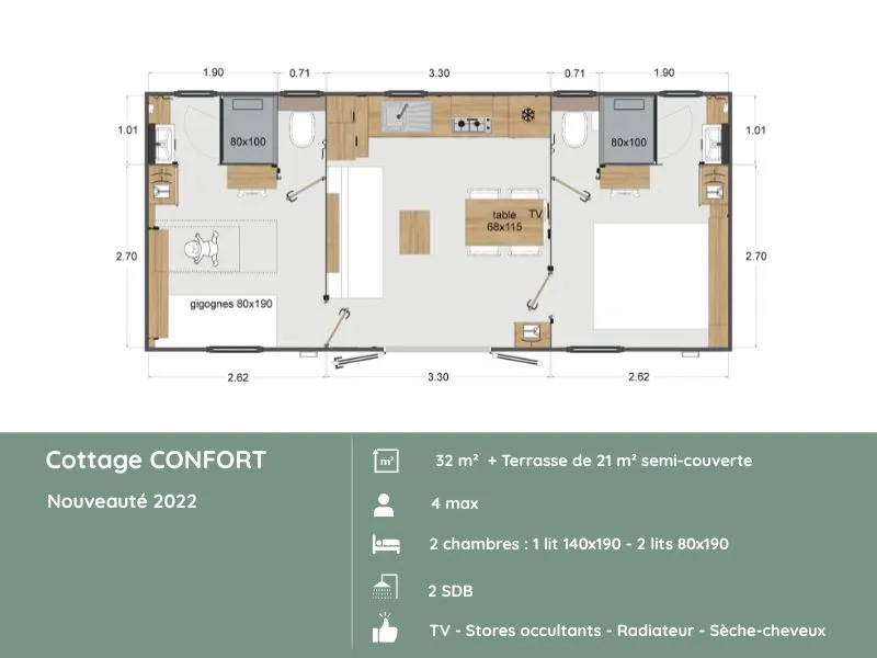 Cottage Confort : 2 Chambres / 2 Salles De Bain + Terrasse Couverte + Tv (32M²/2022)