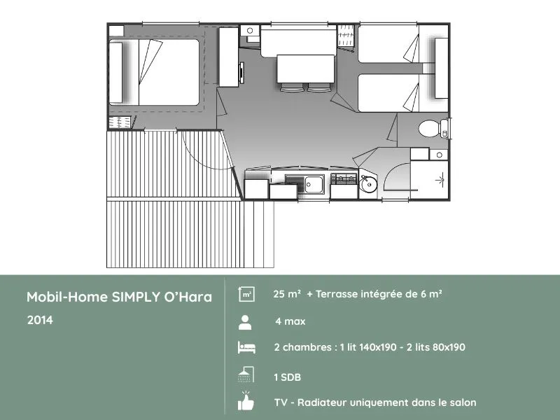 Mobil-Home Simply "O" : 2 Chambres + Terrasse Intégrée + Tv (27M²/2014)