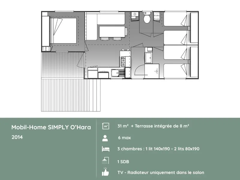 Mobil-Home Simply "O" : 3 Chambres + Terrasse Intégrée + Tv (31M²/2014)