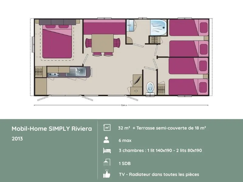 Mobil-Home Simply  : 3 Chambres + Terrasse + Tv (32M²/2013)
