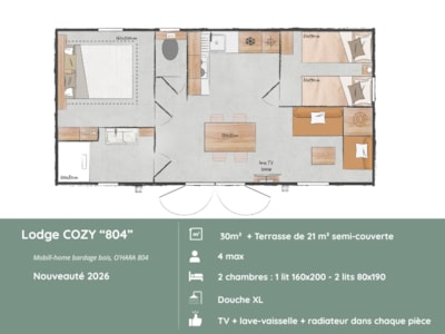 COZY Lodge "804": 2 bedrooms + Covered terrace + Dishwasher + TV (30 m² / 2026) — 2