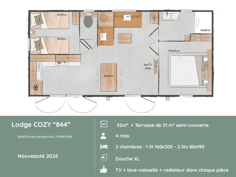 Lodge Cozy "844" : 2 Chambres + Terrasse Couverte + Lave-Vaisselle + Tv (32M²/2026)