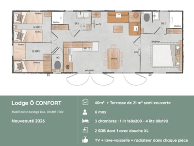 Lodge Ô COMFORT : 3 bedrooms + 2 bathrooms + Covered terrace + Dishwasher + TV (40 m²/2026) — 2