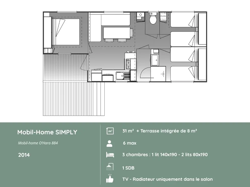 Mobil-Home Simply  : 3 Chambres + Terrasse Intégrée + Tv (31M²/2014)