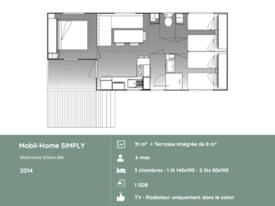 SIMPLY  Mobile Home : 3 bedrooms + Integrated terrace + TV (31m² / 2014) — 2