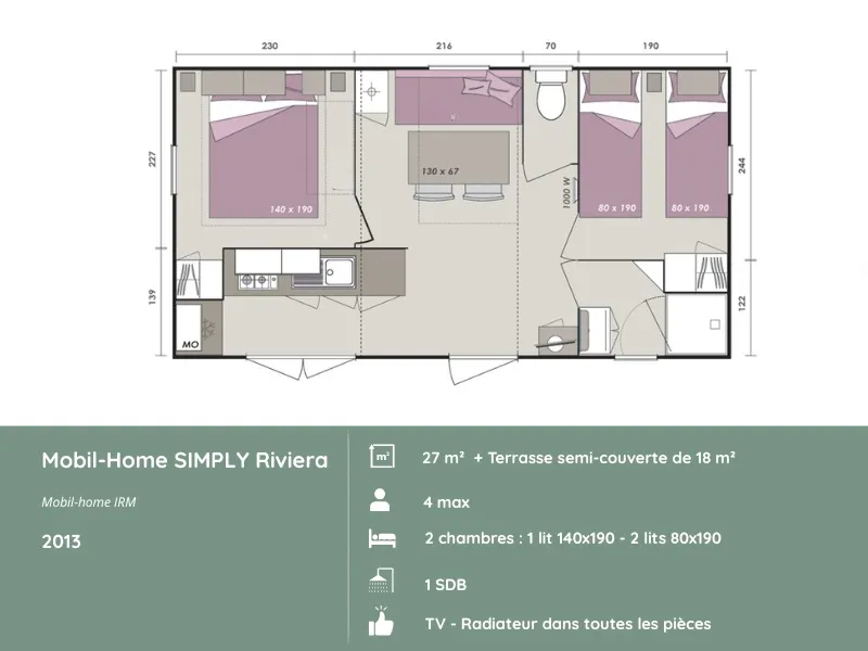 Mobil-Home Simply Riviera  : 2 Chambres + Terrasse + Tv (27 M²/2013)