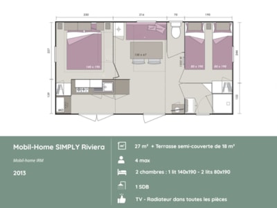 SIMPLY RIVIERA Mobile Home: 2 bedrooms + Terrace + TV (27 m² / 2013) — 2