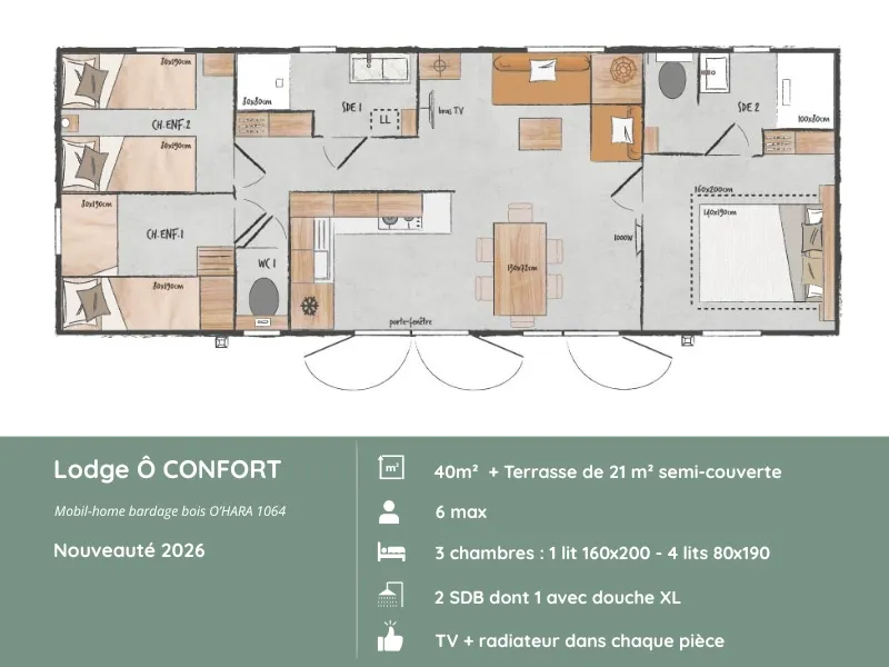 Mobil-Home Simply Riviera : 3 Chambres + Terrasse + Tv (32M²/2013)
