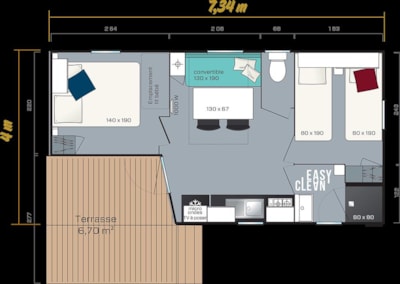 Mobil-home Confort 22m² 2 bedrooms + Half-covered terrace on piles