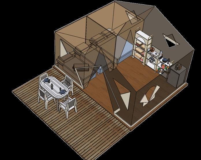 Tenda Lodge Trappeur Standard - 32M² (2 Camere) - Veranda Coperta - Senza Sanitari