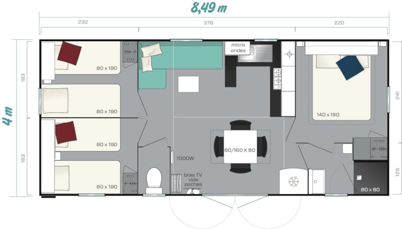 Mobil-home confort 34 m2 (3ch-6/7 pers) + terrasse