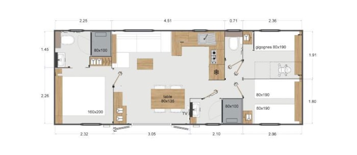 Mobil-Home Premium 37M² 3 Chambres + Terrasse + Tv + Lv + Bbq + 2Sdb + Quartier Piéton