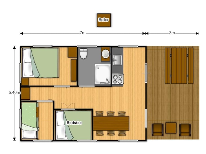 Tente Woody Premium 38M² - 2 Chambres + Terrasse Couverte + Tv
