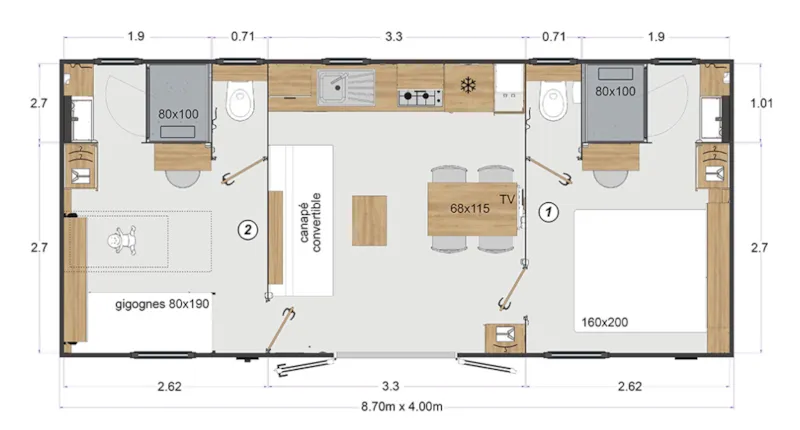 Mobil Home Premium 2 Chambres 32M² + Terrasse Semi - Couverte + Tv + 2 Salles De Bain