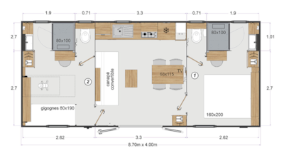 Mobile home Premium - 2 bedrooms, 32m² + Semi-covered terrace + TV + 2 bathrooms