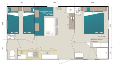 Mobile home Confort 30m² (2 bedrooms) - sheltered terrace 13m² + TV + Air Conditioning