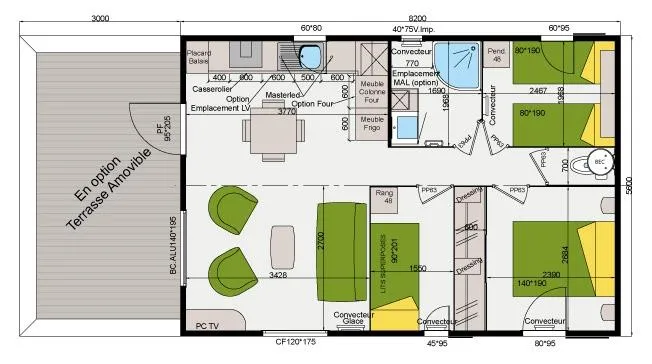 Mobil Home Super Premium Grand Large 68M², 3Ch, 6/8 Pers.,Clim., Veranda, Terrasse Couverte