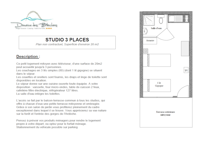 Studio 3 Places + Balcon + Tv 20 M2