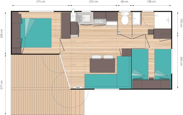 Bedroom Mobile Home 5-Person, Double Slope Roof, 26 M², Semi-Covered Wood Terrace