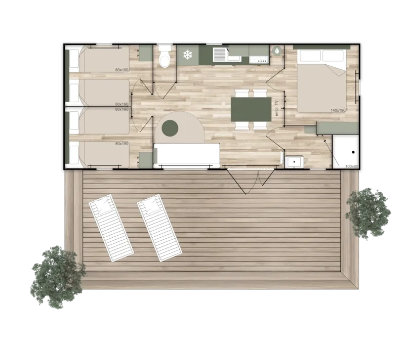 Mobil-Home Premium Avec Terrasse , 3 Chbres, Lit Queen Size, Climatisé, Lave-Vaisselle, Tv