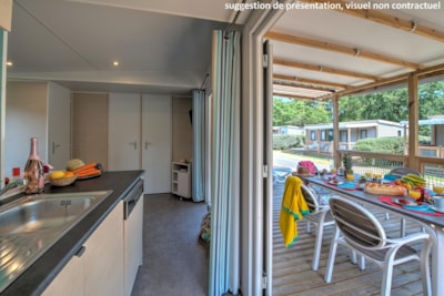 Mobile home 35m² COMFORT (3 bedrooms) + AIR CONDITIONING + semi-covered terrace + TV + dishwasher