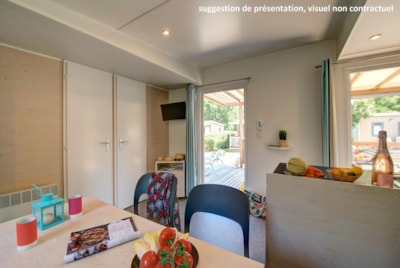 Mobile home 35m² COMFORT (3 bedrooms) + AIR CONDITIONING + semi-covered terrace + TV + dishwasher