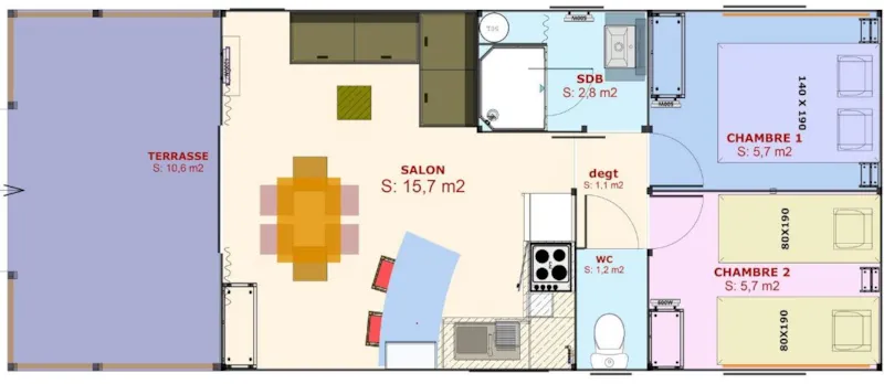 Confort Lodge  Sweetflower 43 M² 4/6 P. (2 Chambres) + Terrasse Semi-Couverte