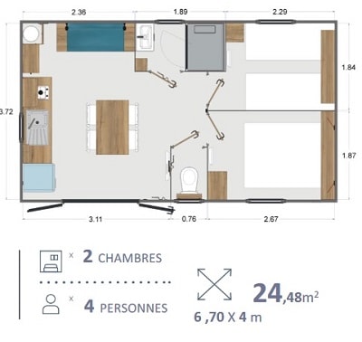 Cabanon 24M² (2 Chambres - 1 Sdb) + Terrasse Semi-Couverte 16.5Cm²