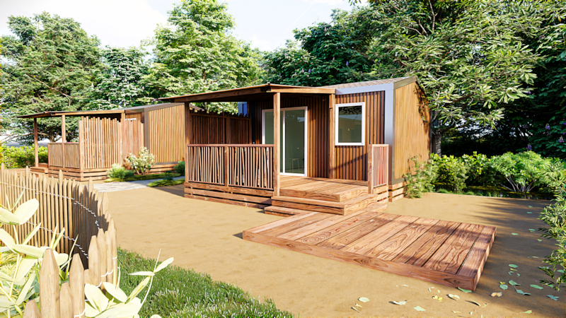 Cottage Premium 18m² - 1 Zimmer +Überdachte Terrasse + LV + TV + Mit Bettwäsche + Badehand