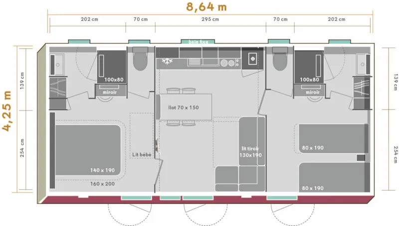 Mobil-Home Premium+ 2Ch 2 Sdb | Premium-33M²-Clim-Tv-Lv-Spa-Draps-Wifi Gratuit-Terrasse Couverte