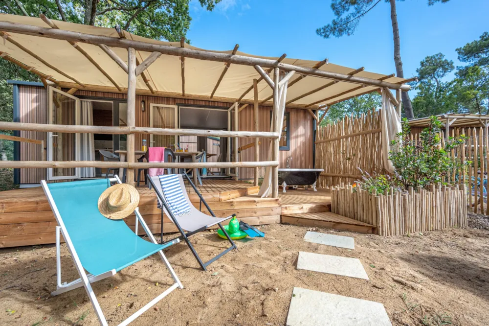 Location - Mobil-Home Garden 3Ch | Premium - 33M²- Terrasse Couv -Tv - Lv - Plancha - Baignoire - Wifi Gratuit - Flower Camping Les Biches