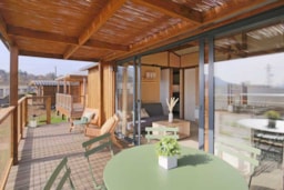 Huuraccommodatie(s) - Chalet Portland 35M² Premium - 3 Kamers + Overdekt Terras + Airco - Autovrije Zone - Flower Camping Le Saint Michelet