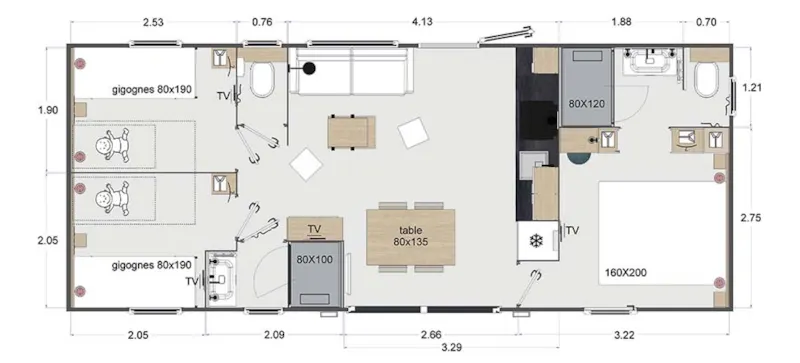 Mobil-Home Spa Premium 40M² - 3 Chambres - 2 Salles De Bain + Terrasse + Clim Réversible + Tv