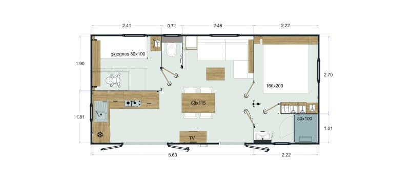 Mobilheim 29,5m² - 2 Zimmer + Terrasse + Klimaanlage + TV