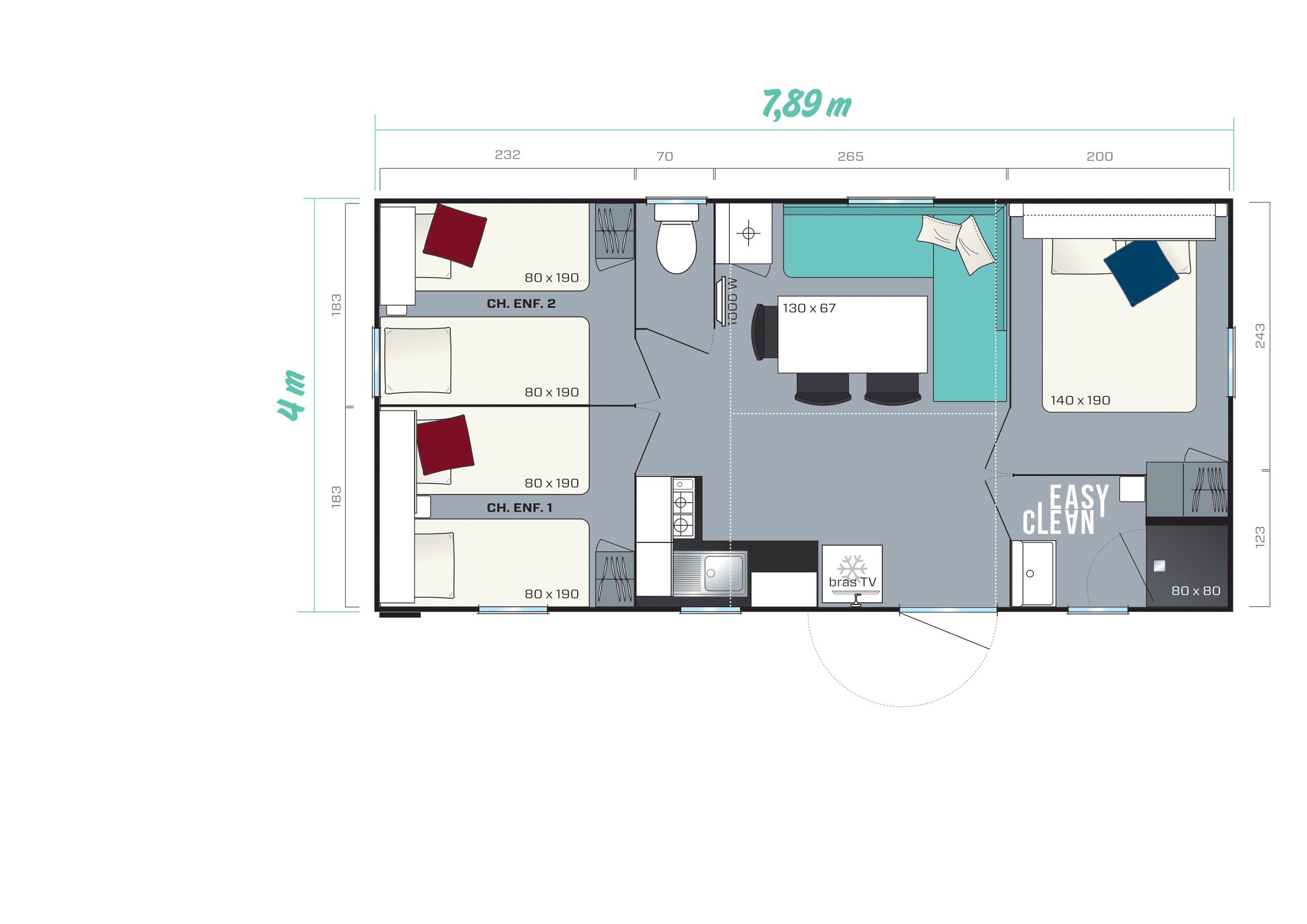 Mobil home  28.3m² - 3 chambres + terrasse semi couverte 22.5m²