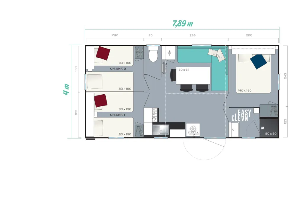 Mobilheim 28.3m² - 3 Schlafzimmer + halbbedeckte Terrasse 22.5m²