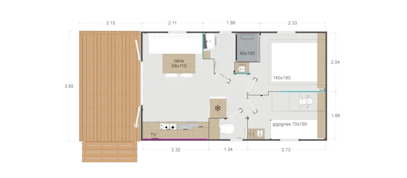 Mobil-Home Premium 26M² Deux Chambres+ Terrasse Couverte 8.4 M² + Tv
