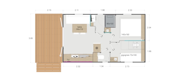 Mobil-Home Premium 26M² Deux Chambres+ Terrasse Couverte 8.4 M² + Tv