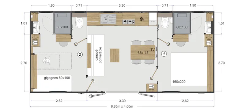 Mobil-Home Premium Lacave - (2 Ch) - Tv - Clim - Lv - 2 Sdb